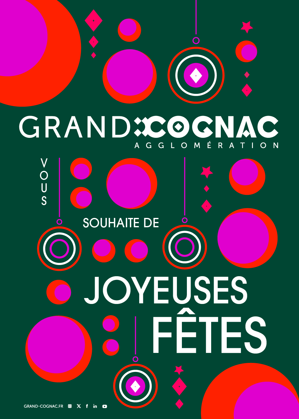 Visuel fêtes Noël 2025 fond vert et boules de Noel