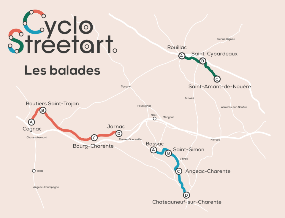 carte montrant les 3 balades cyclables de Cyclostreetart