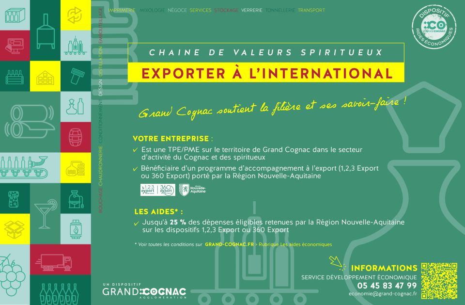 Infographie résumé le dispositif de soutien à l'export de Grand Cognac