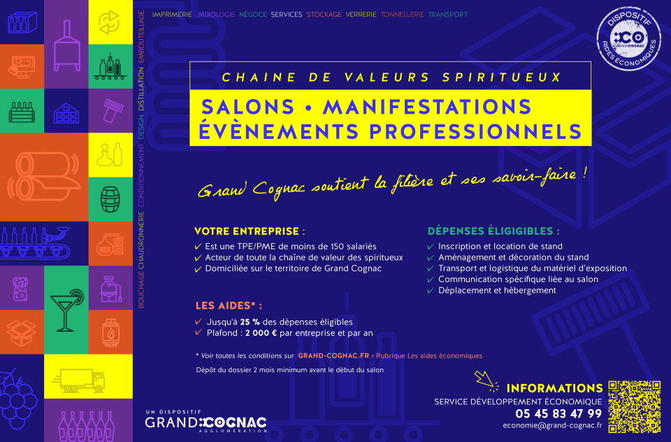 Infographie présentant le dispositif de soutien de Grand Cognac à la participation à des salons pour les entreprises de la filière cognac