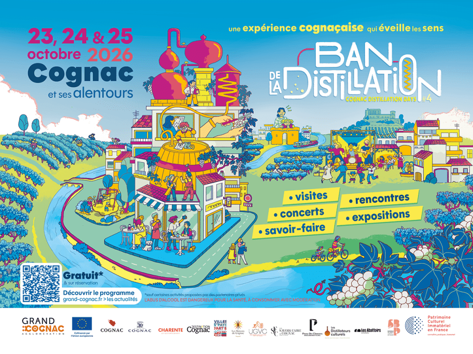 Affiche colorée, alambic, paysage, fête, Ban de la distillation 2026