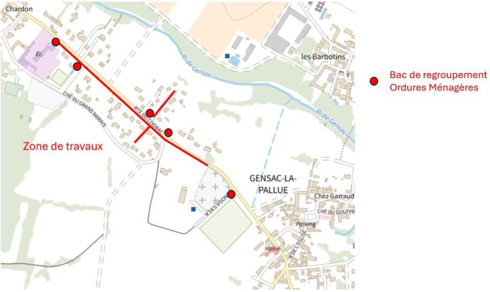info-travaux-route-du-cognac-gensac-carte -juin 2026 - carte représentant la zone de travaux