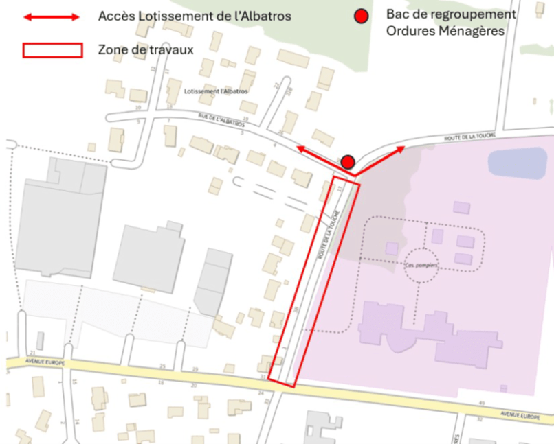 Carte avec vue aérienne de Jarnac et zone rouge pour les travaux 