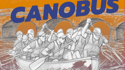 affiche-grand-prix-canobus-2026-des personnes dans un canobus pagaients, pont de jarnac en décor de fond