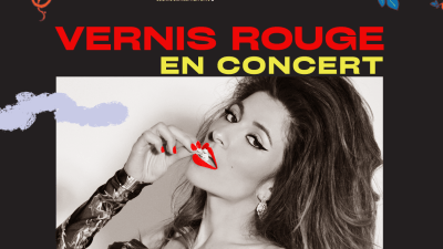 2026_affiche concert-de-Vernis-rouge, photo d'une femme en noir et blanc, rouge à lèvre et vernis rouge