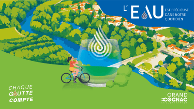 Affiche de sensibilisation à la préservation de l'eau, illustrée par un paysage emblématique de Grand Cognac avec un vélo en premier plan. Ce visuel met en avant les mobilités douces et l'importance de préserver cette ressource essentielle à travers un message invitant chacun à adopter des gestes responsables au quotidien.