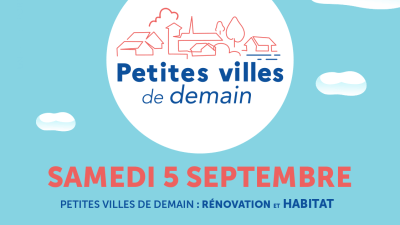 Village dessiné en filigrane avec l'intitulé Petites villes de demain, sur fond de ciel bleu et date du 5 septembre indiquée