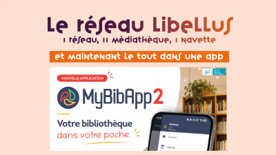 libellusmybibapp2 - fond orange avec une photo d'un smartphone où apparait une liste de fonctionnalités, titre réseau libellus