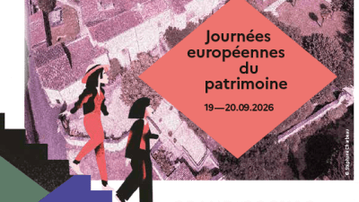 Journées européennes du patrimoine2026_vue aérienne d'une ville, des personnages illustrés descendent un escalier