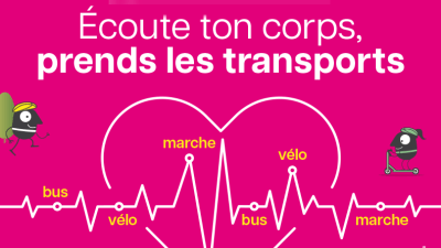 Affiche mobilité-un coeur avec un tracé fin sur fond rose, un électrogramme tracé au premier plan et message écoute ton corps, prends les transports