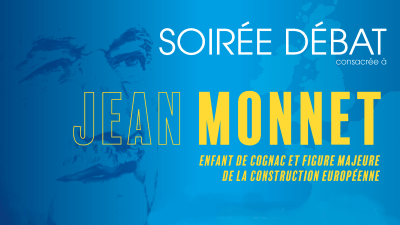 Soirée débat Jean Monnet, fond bleu avec image en filigrane de l'Europe et visage de Jean Monnet