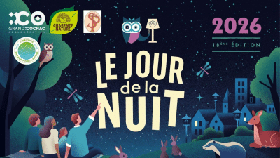 2026-Illustration avec village de nuit en décor de fond, famille assise sur une coline regardant le ciel