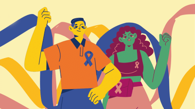 Dépistage-cancer-30-oct-26-illustration d'un homme et d'une femme coloré vert jaune, orange avec ruban sur la poitrine