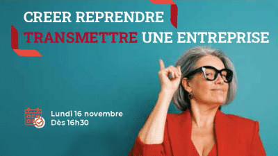 forum reprise transmission d'entreprises 2026 - une femme sourit et lève son index, fond bleu