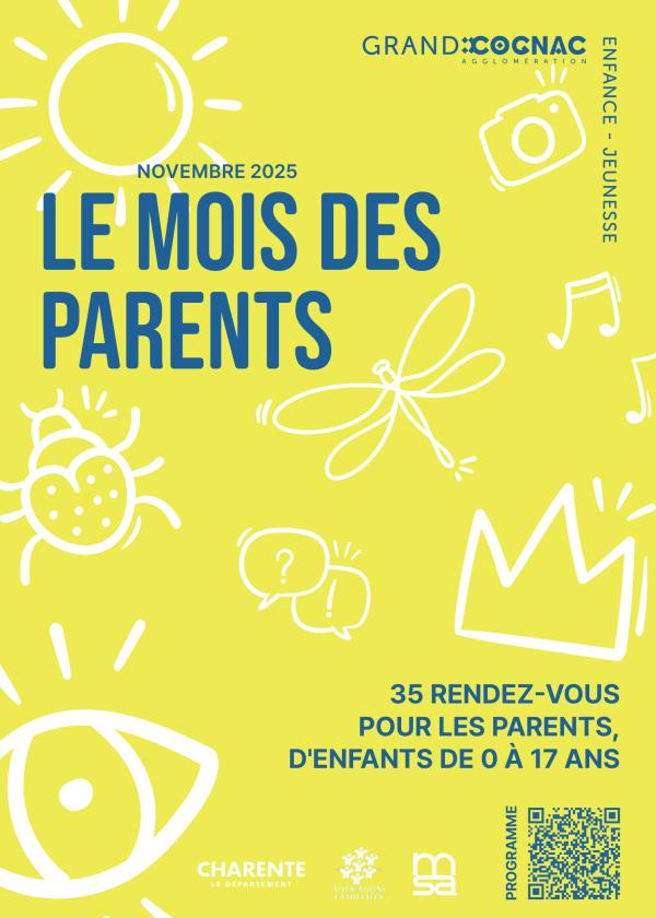 20250709_affiches_mois-des-parents Affiche du programme du mois des parents, fond jaune avec illustration de libellules, soleil...