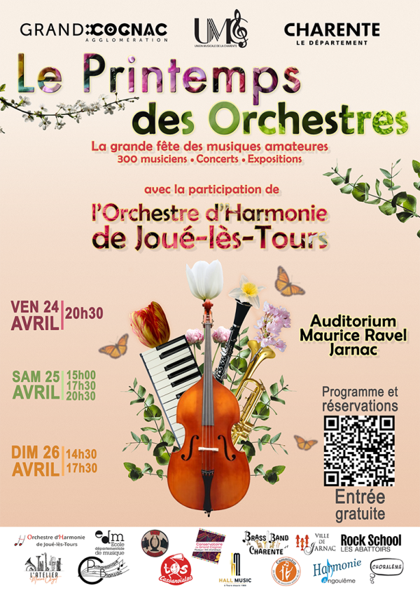 Affiche Printemps des ochestres avec des instruments et des éléments végétaux printaniers et les informations pratiques