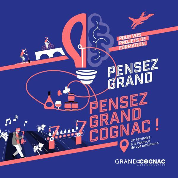 couverture-brochure-formations-Grand Cognac - fond bleu et illustrations rose montrant dynamisme territoire