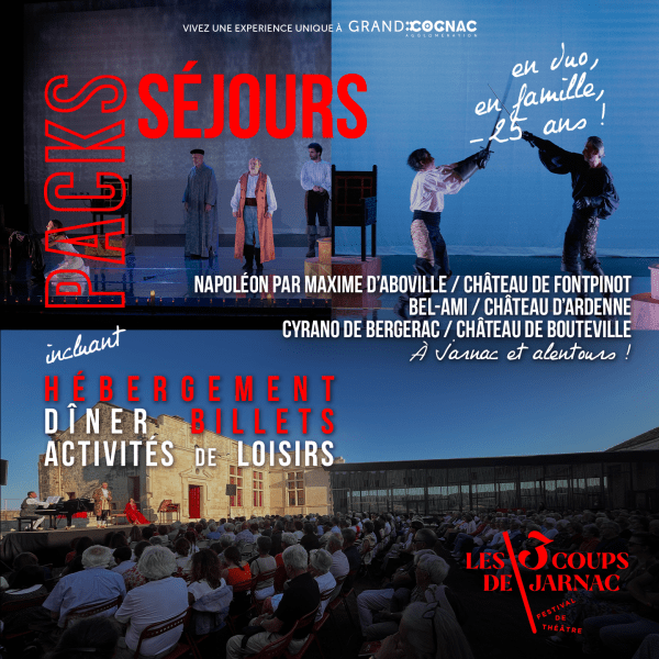 2026_packs-sejours_3coups : des acteurs en costumes sur scène et décor de fond avec le château de Bouteville