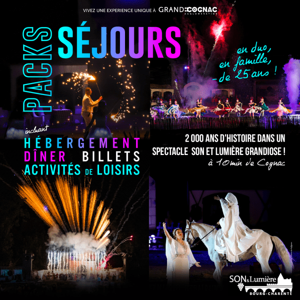 2026_packs-sejours_spectacle-sons et lumière de Bourg-Charente : danseuses sur l'eau, feux d'artifice, cavalier en costume
