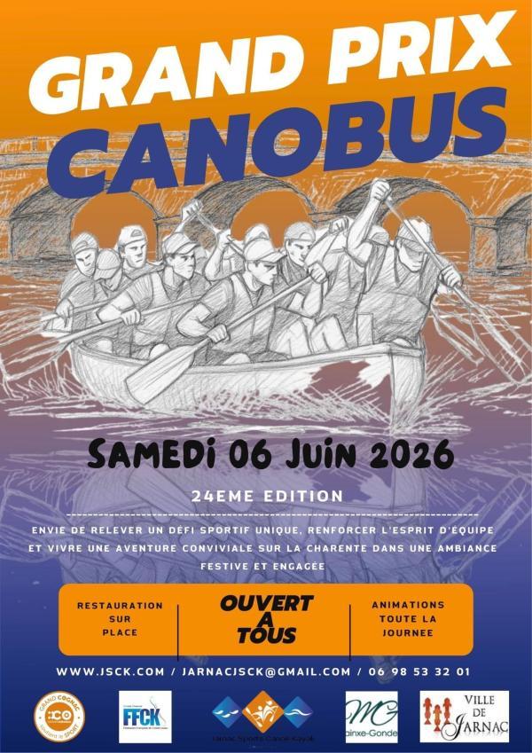 affiche-grand-prix-canobus-2026- un canobus avec des personnes qui pagaient, le pont de Jarnac en décor de fond