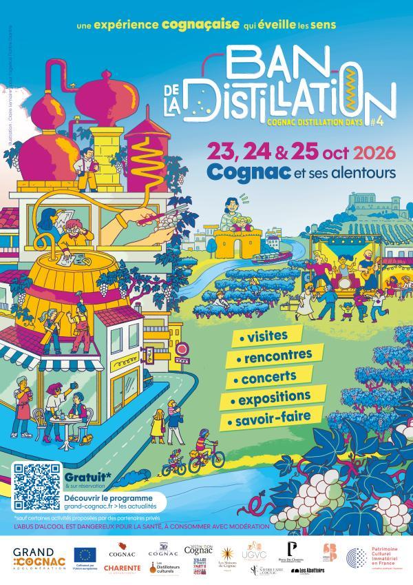 Affiche paysage coloré avec alambique et gens