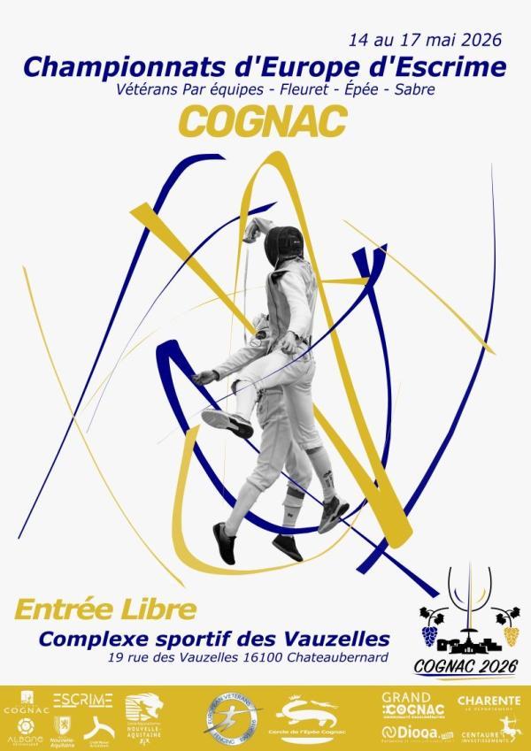 Affiche escrime-championnat d'Europe 2026 - un combattant avec son épée, des tracés de fleuret ou d'épées en couleur autour de lui