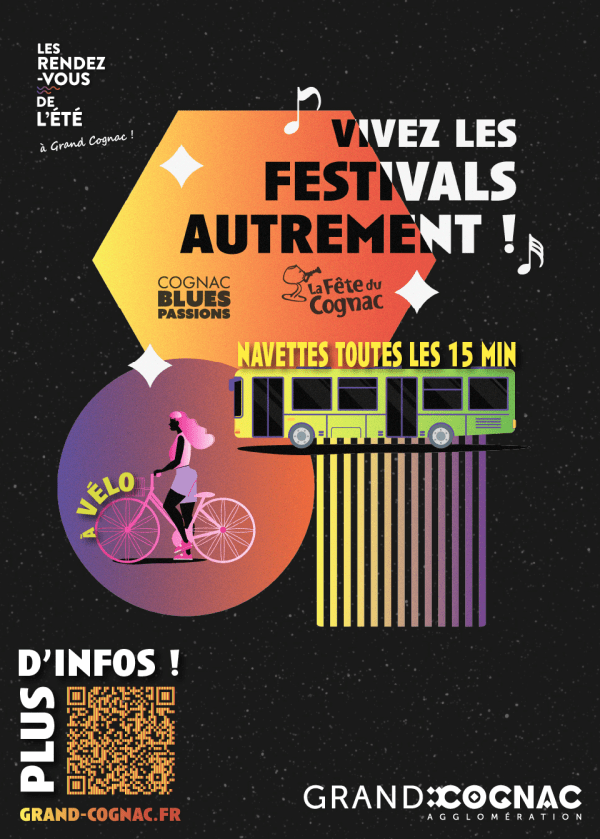 image-vivez-les-festivals-autrement-navettes gratuites-un bus coloré et un vélo avec des couleurs vives dégradées sur fond noir
