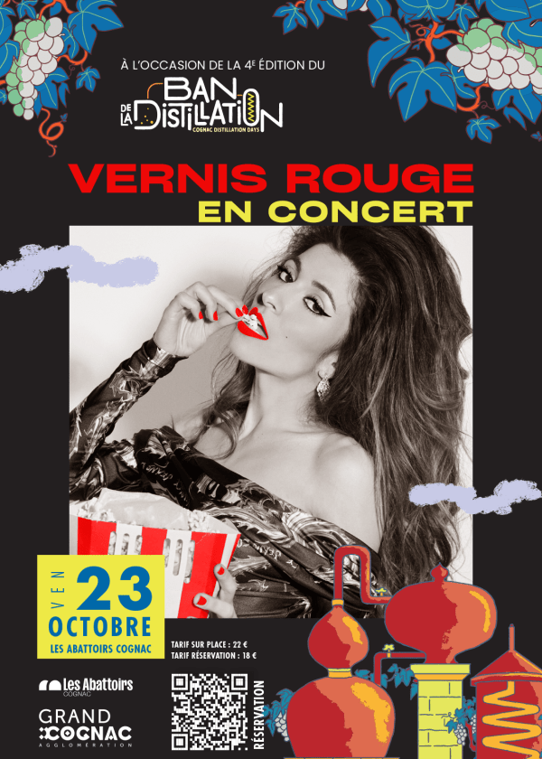 2026_affiche -concert de l'artiste Vernis rouge lors du ban de la distillation-photo de femme en noir et blanc, rouge à lèvre et vernis rouge, image d'un alambic