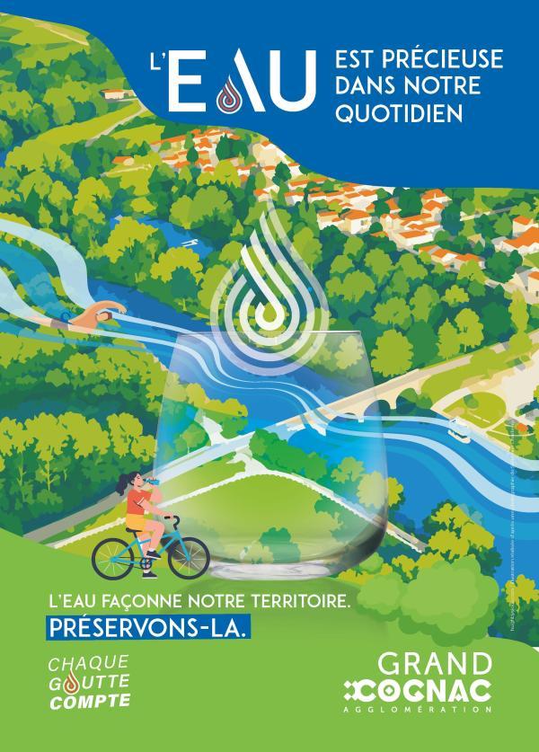 Affiche de sensibilisation à la préservation de l'eau, illustrée par un paysage emblématique de Grand Cognac avec un vélo en premier plan. Ce visuel met en avant les mobilités douces et l'importance de préserver cette ressource essentielle à travers un message invitant chacun à adopter des gestes responsables au quotidien.