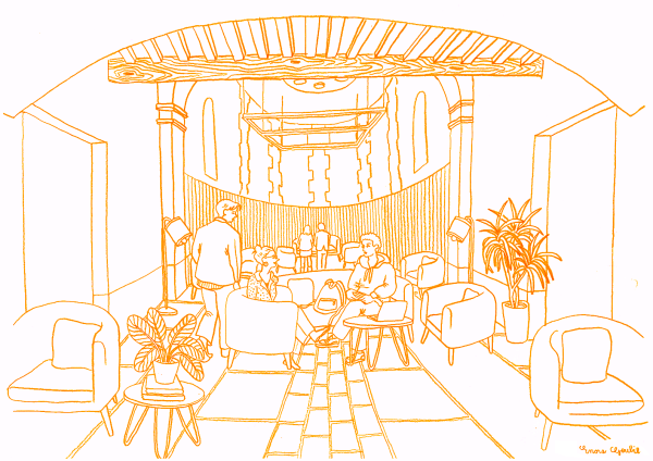 Illustration d'un espace convivial de travail avec canapé et des personnes qui échangent