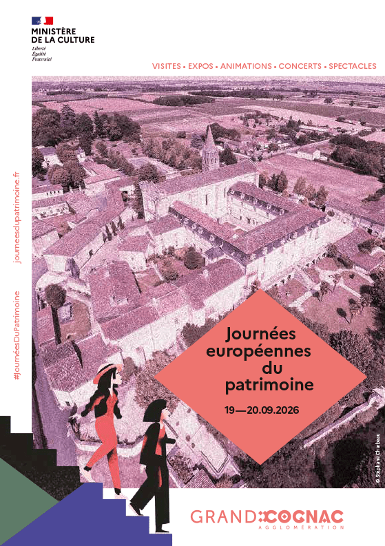Couverture livret JEP 2026-vue aérienne d'un village-des personnages illustrés descendent des escaliers au premier plan