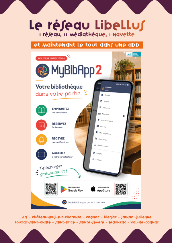 Un smartphone avec une liste de services, un fond orangé et le titre le réseau libellus