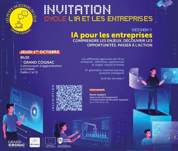 Invitation petit déjeuner de l'éco avec fond bleu personnage illustré et texte expliquant le programme