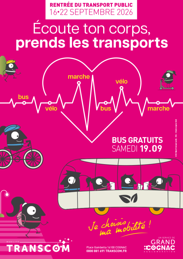 2026_affiche_semaine_mobilite-fond rose, coeur tracé fin, électrocardiogramme en premier plan, bus et personnages illustrés