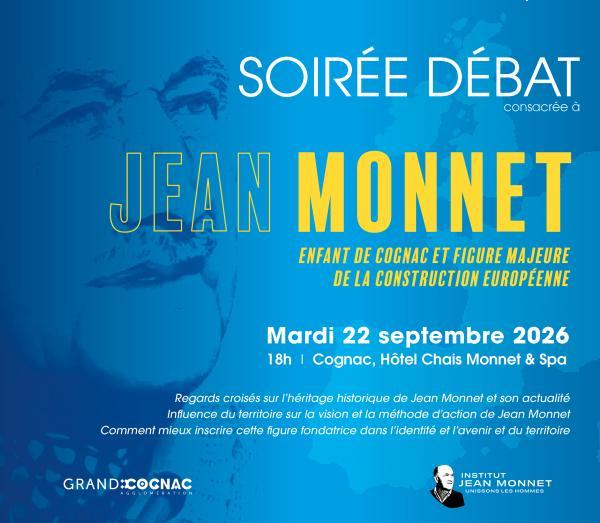 Fond bleu, image du visage de Jean Monnet, Carte de l'Europe en filigrane. 
