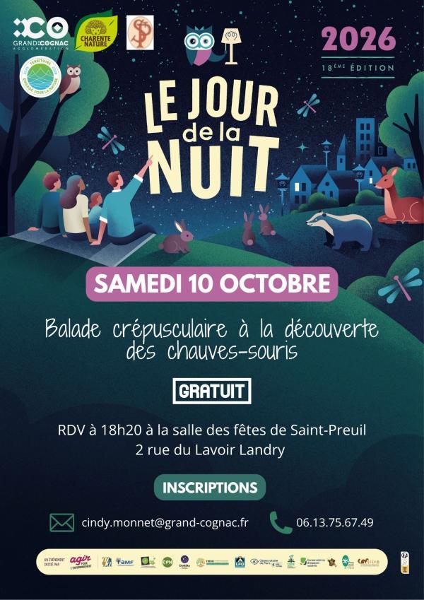 2026-Affiche avec village de nuit, en décor de fond, famille assise sur une coline regardant le ciel