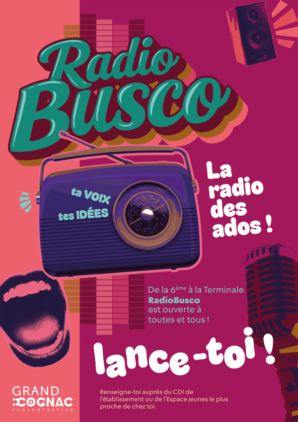 Affiche fond rose et violet avec une radio vintage et titre radio busco