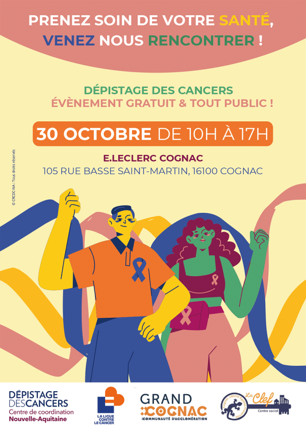 affiche colorée liée au dépistage du cancer pour une action à cognac le 30 oct 26 - un homme et une femme de couleur verte, violet, jaune, avec un ruban sur la poitrine