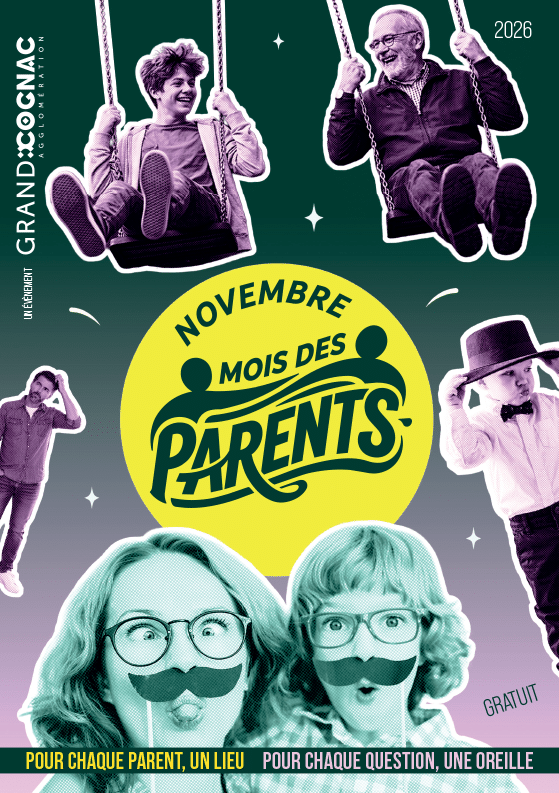 Couverture du programme du mois des parents avec fond de couleur foncée et des personnes qui font de la balançoire, des gens qui font la grimace de façon joyeuse