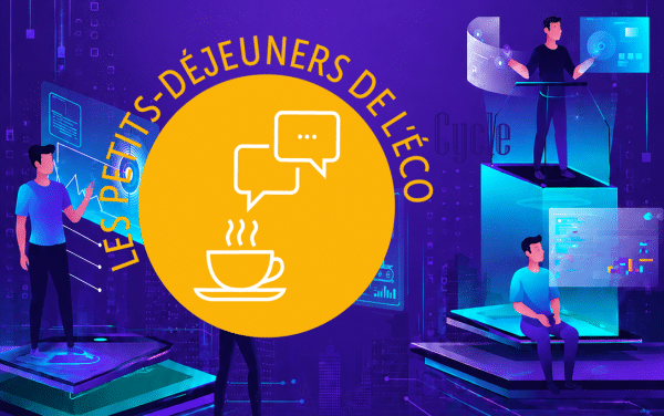 Logo indiquant Les petits dej de l'éco sur fond d'image bleu et violet avec des personnages illustrés devant des écrans