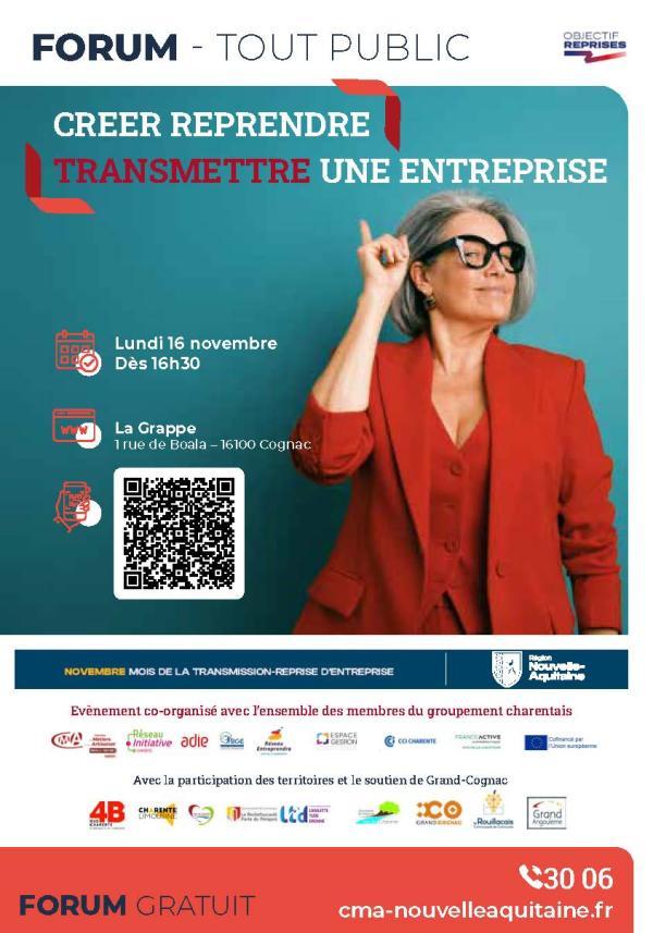 Affiche Forum 2026 reprise et transmission d'entreprise - une femme lève l'index et sourit, fond bleu - date du 16 novembre à partir de 16h30